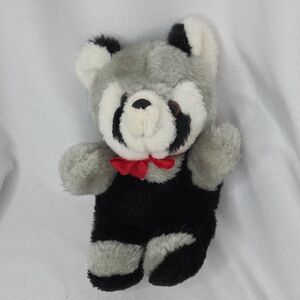 Panda Bear Vintage 1980s Gray and Black Plush Red Bow Tie 7" Wonky Eyes